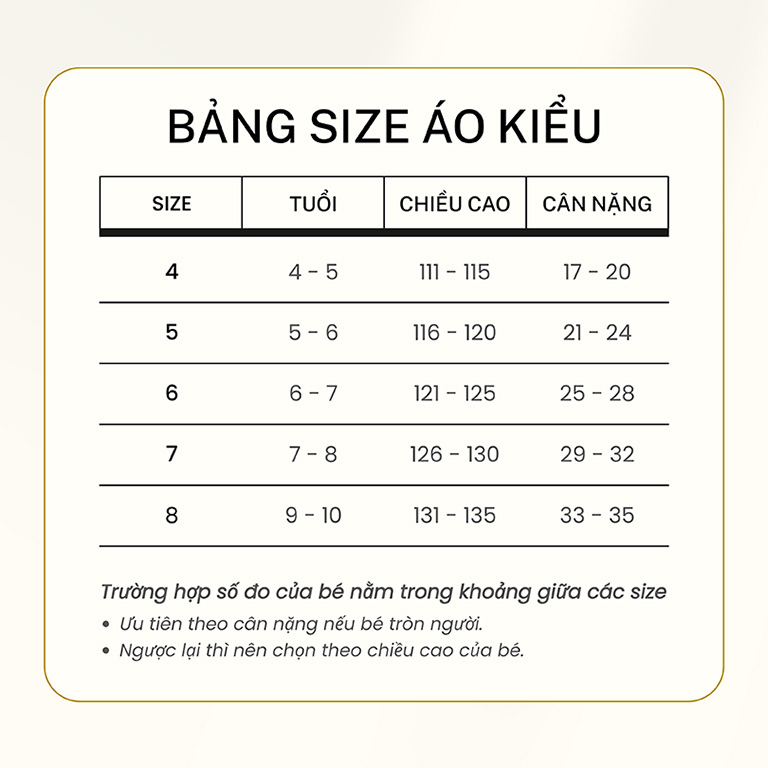 Bảng hướng dẫn chọn size