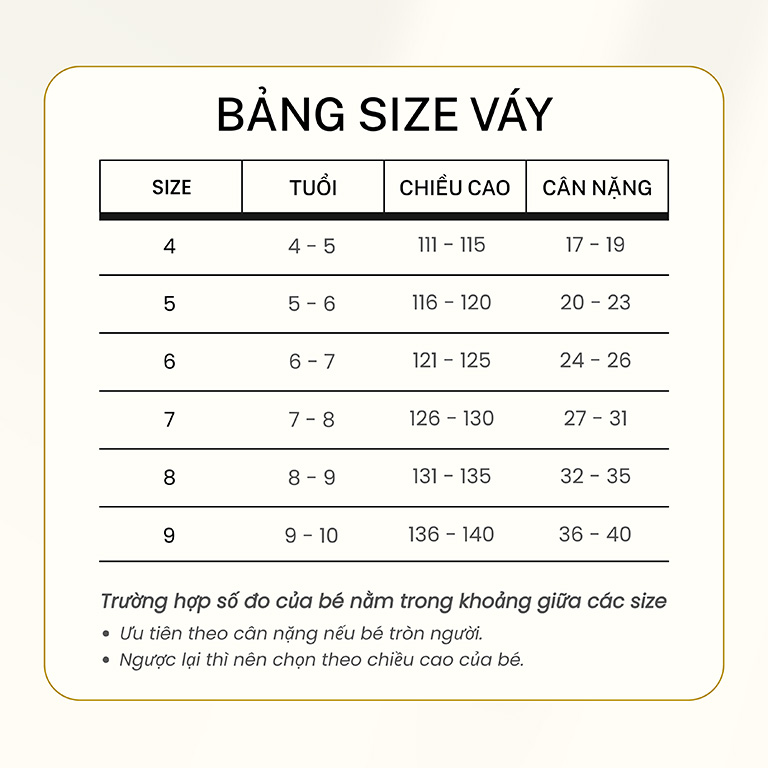 Bảng hướng dẫn chọn size